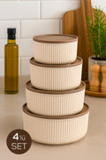 4'lü Yuvarlak Saklama Kabı Seti Çizgili Bej | 2.5l 1.5l 0.80l 0.45l | Mikrodalga Ve Dondurucu Uyumlu