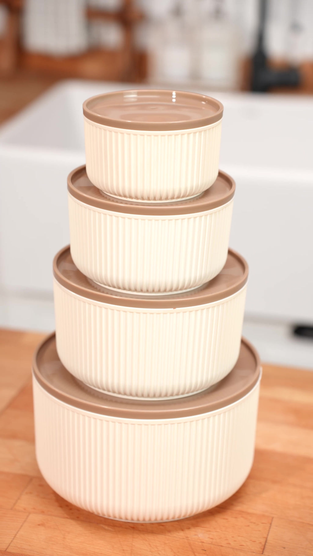 4'lü Yuvarlak Saklama Kabı Seti Çizgili Bej | 2.5l 1.5l 0.80l 0.45l | Mikrodalga Ve Dondurucu Uyumlu