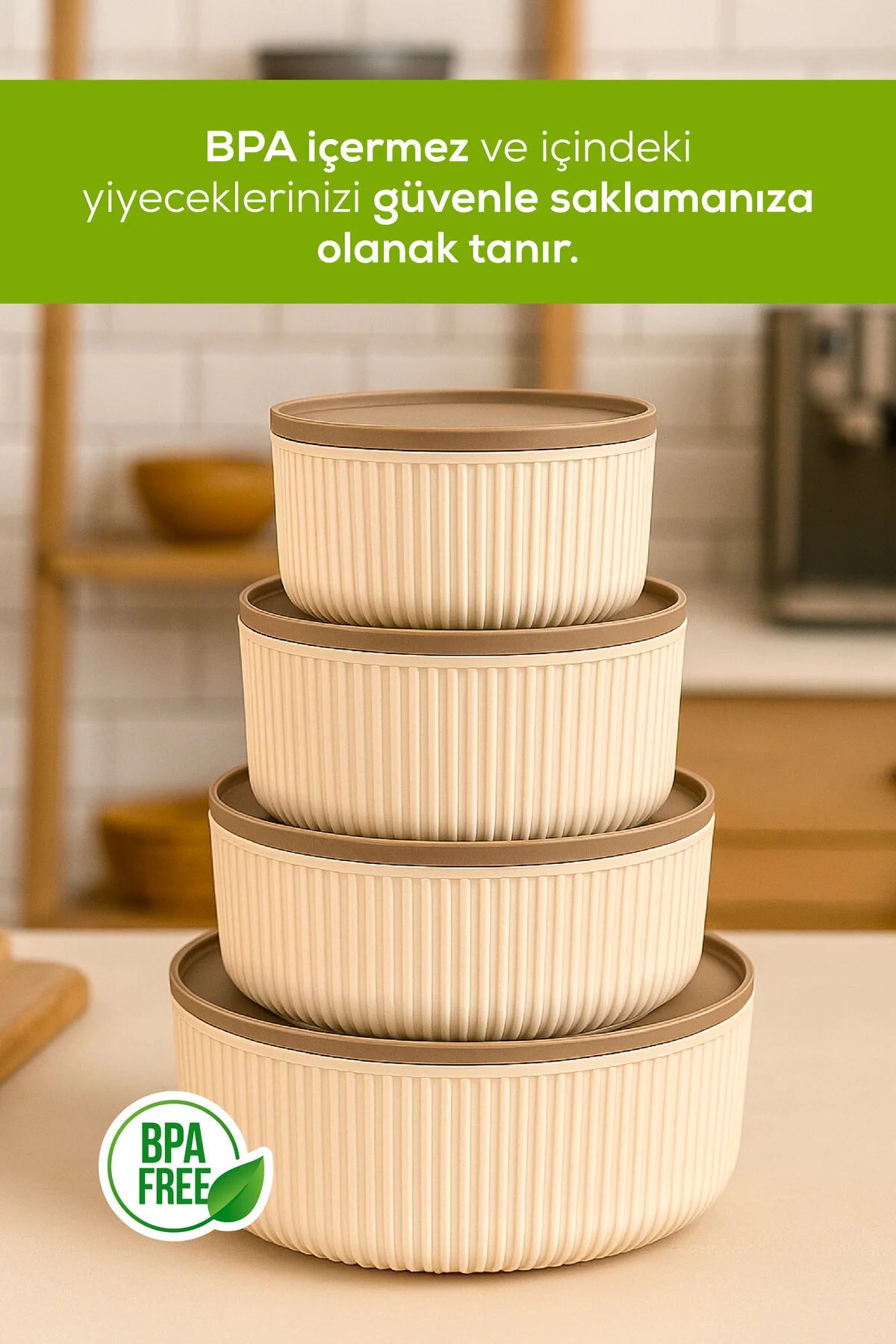 4'lü Yuvarlak Saklama Kabı Seti Çizgili Bej | 2.5l 1.5l 0.80l 0.45l | Mikrodalga Ve Dondurucu Uyumlu