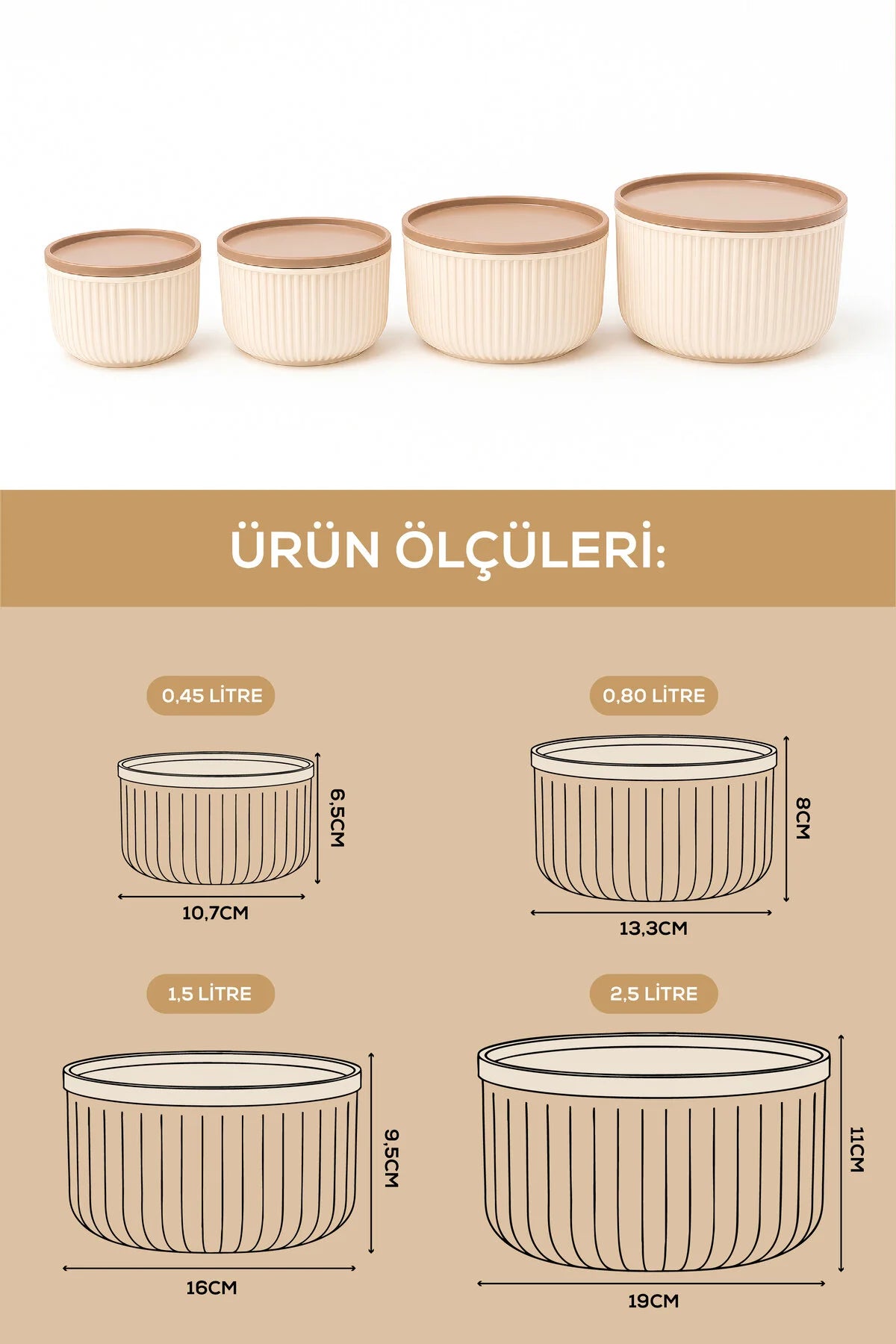 4'lü Yuvarlak Saklama Kabı Seti Çizgili Bej | 2.5l 1.5l 0.80l 0.45l | Mikrodalga Ve Dondurucu Uyumlu