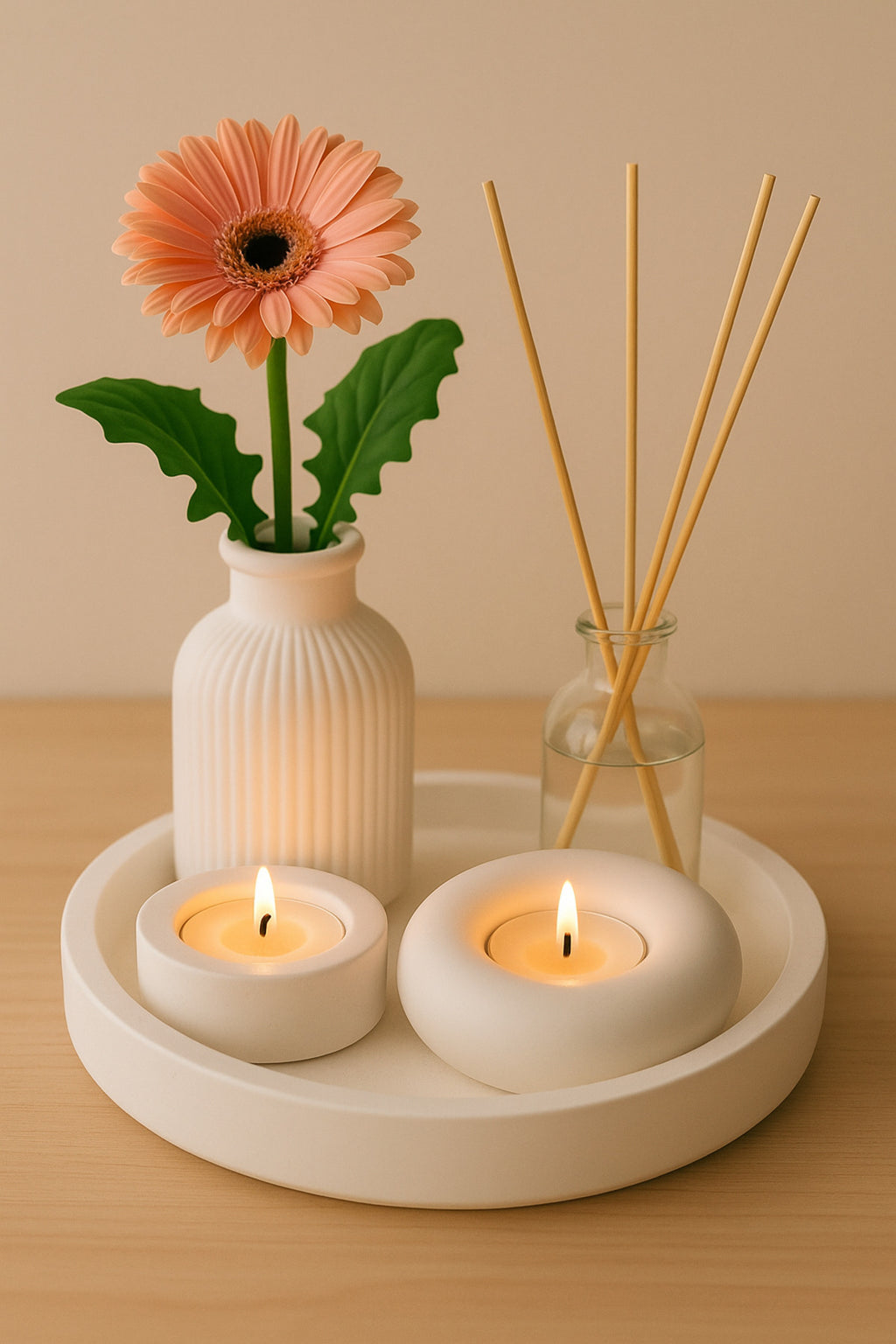 Dekoratif 5li Set Mum Çizgili Vazo Tealight mumluk ve Oda Kokusu Seti