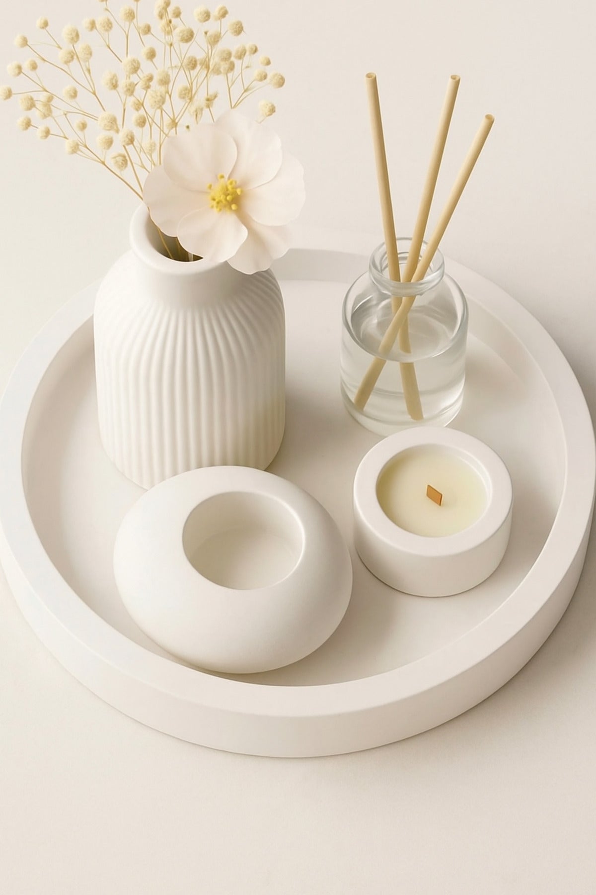 Dekoratif 5li Set Mum Çizgili Vazo Tealight mumluk ve Oda Kokusu Seti